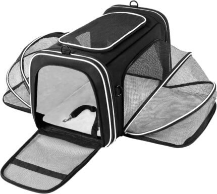 TSA Airline Approved Large Pet Travel Carrier,4 Sides Expandable with 2 Mesh Pockets,3 Entry, Soft Sided Collapsible Dog Carrier for 2 Cats,Kittens,Puppies,Dog, X-Large, Black & White