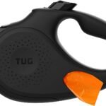 TUG Oval 360° Tangle-Free Retractable Dog Leash with Integrated Waste Bag Dispenser (Medium, Black)