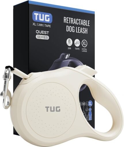 TUG Quest Retractable Dog Leash | 360° Tangle-Free | 26 ft Tape (XL, Cream)