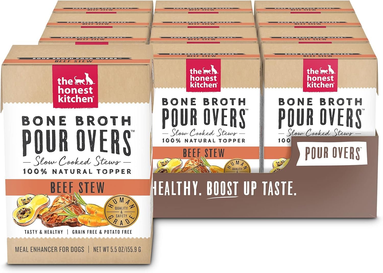 The Honest Kitchen Bone Broth Pour Overs Beef Stew Dog Food Topper, Human Grade Wet Meal Enhancer with Bone Broth & Beef, Adds Flavor & Hydration to Kibble for Picky Eaters, 12 Pack 5.5 oz The Honest Kitchen Bone Broth Pour Overs Beef Stew Dog Food Topper, Human Grade Wet Meal Enhancer with Bone Broth & Beef, Adds Flavor & Hydration to Kibble for Picky Eaters, 12 Pack 5.5 oz