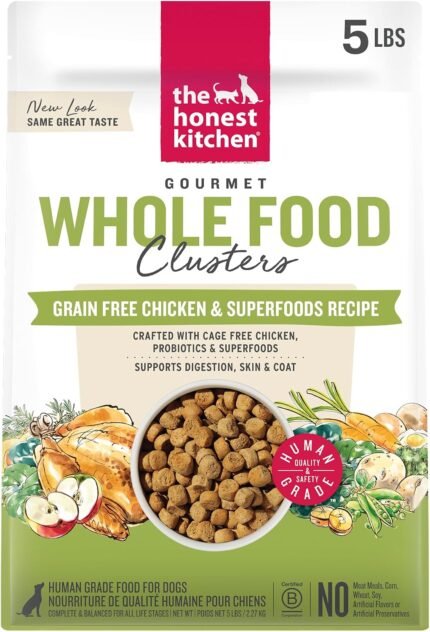 The Honest Kitchen Grain Free Chicken & Superfoods Whole Food Clusters, Human Grade Dry Dog Food, Vet-Crafted Nutritional Support for Skin, Coat, Digestion & Overall Wellness, 5 lb Bag