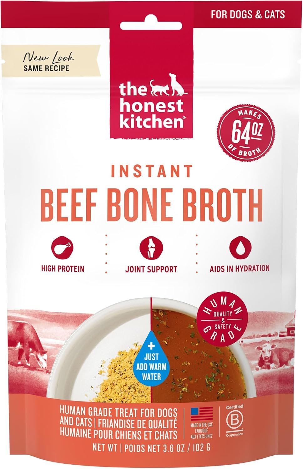 The Honest Kitchen Instant Beef Bone Broth for Dogs & Cats with Turmeric, Human Grade Pet Food, Hydration Supplement, Digestive & Joint Support, Meal Topper, Treat or Enrichment, 3.6 oz Makes 64 oz The Honest Kitchen Instant Beef Bone Broth for Dogs & Cats with Turmeric, Human Grade Pet Food, Hydration Supplement, Digestive & Joint Support, Meal Topper, Treat or Enrichment, 3.6 oz Makes 64 oz