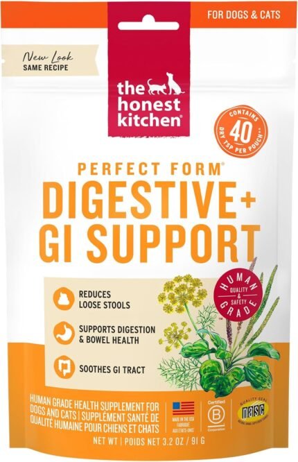 The Honest Kitchen Perfect Form Herbal Digestive Supplement for Dogs & Cats, Human Grade Gut Health Support Powder with Pumpkin, Slippery Elm & Papaya Leaf, Gut & Stool Support, 3.2 oz Pouch