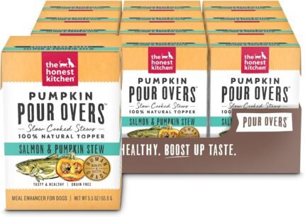 The Honest Kitchen Pumpkin POUR OVERS Salmon & Pumpkin Dog Food Topper, Human Grade Wet Meal Enhancer with Pumpkin & Salmon Stew, Adds Flavor & Hydration to Kibble, 12 Pack 5.5 oz