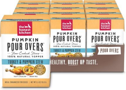 The Honest Kitchen Pumpkin Pour Overs Turkey & Pumpkin Dog Food Topper, Human Grade Wet Meal Enhancer with Pumpkin & Turkey Stew, Adds Flavor & Hydration to Kibble, 12 Pack 5.5 oz