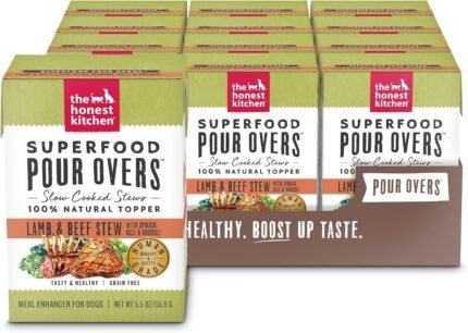 The Honest Kitchen Superfood Pour Overs Lamb & Beef Stew Dog Food Topper, Human Grade Wet Meal Enhancer with Spinach Kale & Broccoli, Adds Flavor & Hydration to Kibble, 12 Pack 5.5 oz