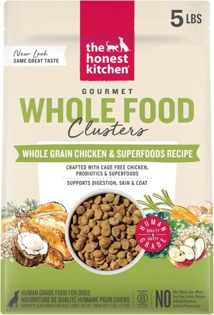 The Honest Kitchen Whole Grain Chicken & Superfoods Whole Food Clusters, Vet Crafted Human Grade Dry Dog Food, Skin, Coat, Digestion & Healthy Weight, 5 lb Bag