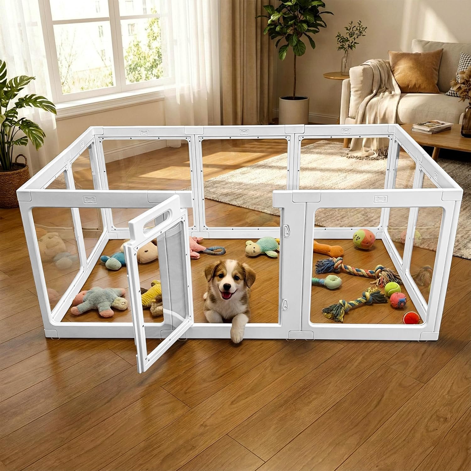 Transparent Indoor Dog Playpen with Safety Lock, Indoor Dog Fence for Small & Medium Pets | Secure, Stylish, Easy Clean Play Pen for Dogs & Pets with Scratch Resistant Panels (24”H,White, 10 Panel) Transparent Indoor Dog Playpen with Safety Lock, Indoor Dog Fence for Small & Medium Pets | Secure, Stylish, Easy Clean Play Pen for Dogs & Pets with Scratch Resistant Panels (24”H,White, 10 Panel)