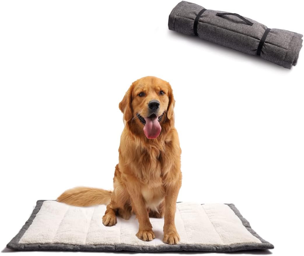 Travel Dog Bed, Rollup Crate Mat, Kennel Pad, Pet Camping Gear with Carry Handles for Medium Dog or Cat, Super Soft, Machine Washable, 36 * 23” Grey Travel Dog Bed, Rollup Crate Mat, Kennel Pad, Pet Camping Gear with Carry Handles for Medium Dog or Cat, Super Soft, Machine Washable, 36 * 23” Grey