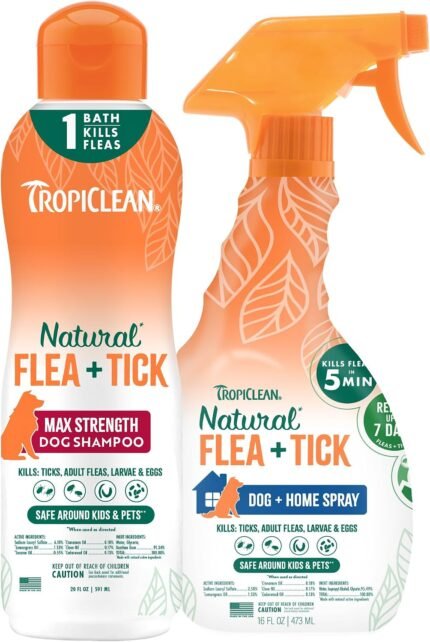 TropiClean Flea and Tick Shampoo & Spray for Dogs, Protect & Repel, 2 Pack