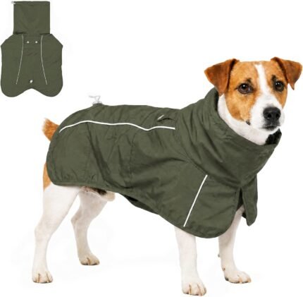 Tuff Pupper Waterproof Dog Raincoat | Full-Body Windproof Rain Jacket for Dogs | Reflective Strips | Breathable Mesh Lining | Adjustable Fit | Leash Port | Small Medium Large XL XXL Dogs (Olive, S)