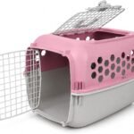 Two-Door Pet Carrier, 24″ Hard-Sided Plastic Travel Dog Kennel, Pink Small