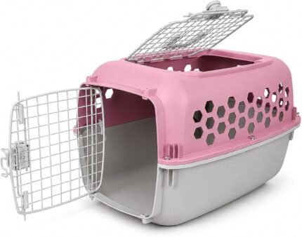 Two-Door Pet Carrier, 24″ Hard-Sided Plastic Travel Dog Kennel, Pink Small