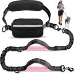 Uppetly Hands Free Dog Running Leash with Waist Belt, Dual Handle Elastic Bungees Retractable Rope for Medium and Large Dogs, Reflective Stitches for Walking Hiking Biking (Large Pink, 25-120lb
