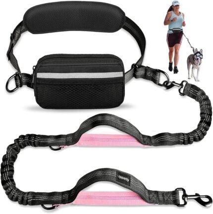 Uppetly Hands Free Dog Running Leash with Waist Belt, Dual Handle Elastic Bungees Retractable Rope for Medium and Large Dogs, Reflective Stitches for Walking Hiking Biking (Large Pink, 25-120lb
