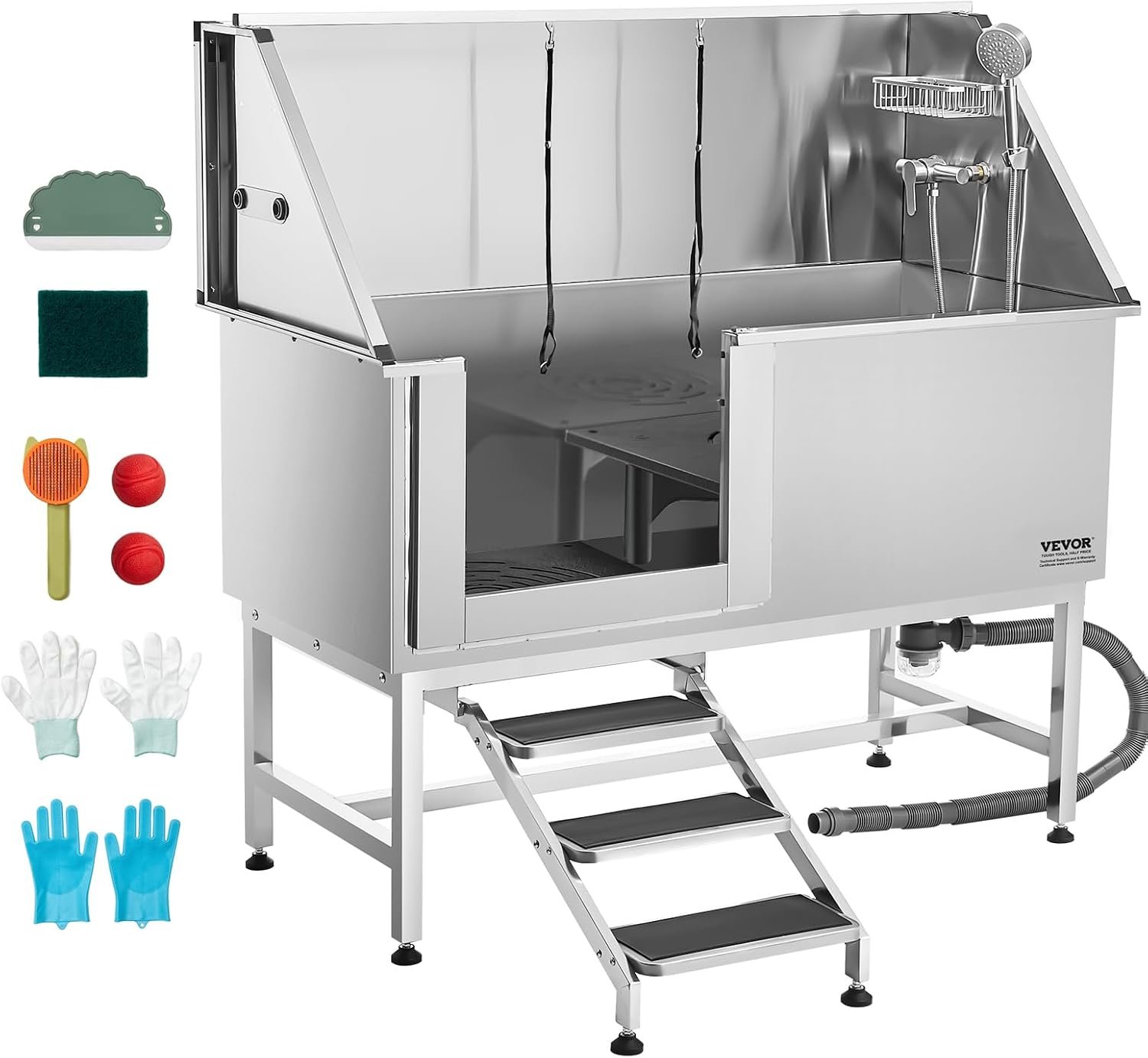 VEVOR Stainless Steel Dog Washing Station, Professional 62 inch Pet Grooming Tub w/Stairs, PE Water Filter Board, Faucet & Showerhead & Soap Holder Bathtub for Large & Medium & Small Pets (Left Door) VEVOR Stainless Steel Dog Washing Station, Professional 62 inch Pet Grooming Tub w/Stairs, PE Water Filter Board, Faucet & Showerhead & Soap Holder Bathtub for Large & Medium & Small Pets (Left Door)