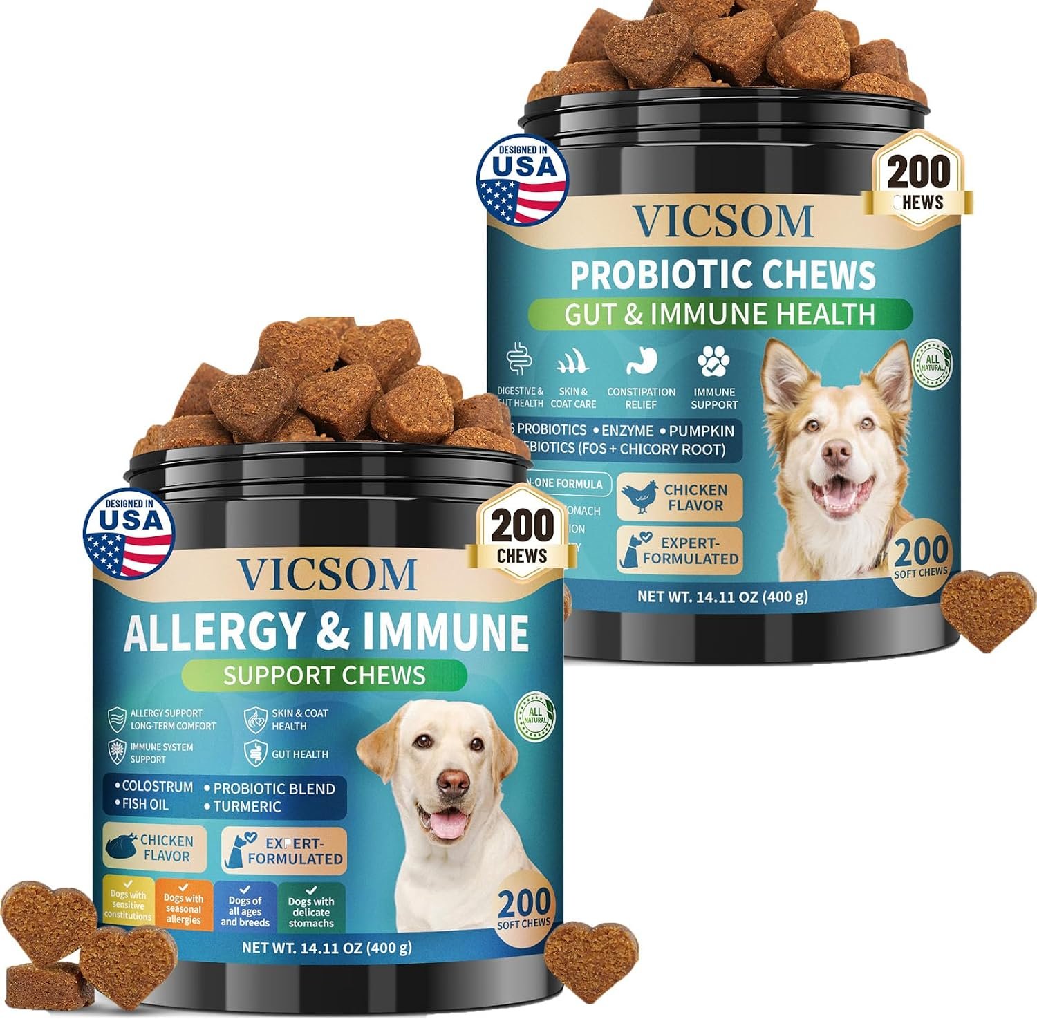 VICSOM Dog Allergy Relief & Probiotic Chews Bundle, 200 Count Each – Chicken Flavor Soft Chewswith Probiotics, Omega-3, Colostrum & Digestive Enzymes for Skin, Coat & Gut Support VICSOM Dog Allergy Relief & Probiotic Chews Bundle, 200 Count Each – Chicken Flavor Soft Chewswith Probiotics, Omega-3, Colostrum & Digestive Enzymes for Skin, Coat & Gut Support