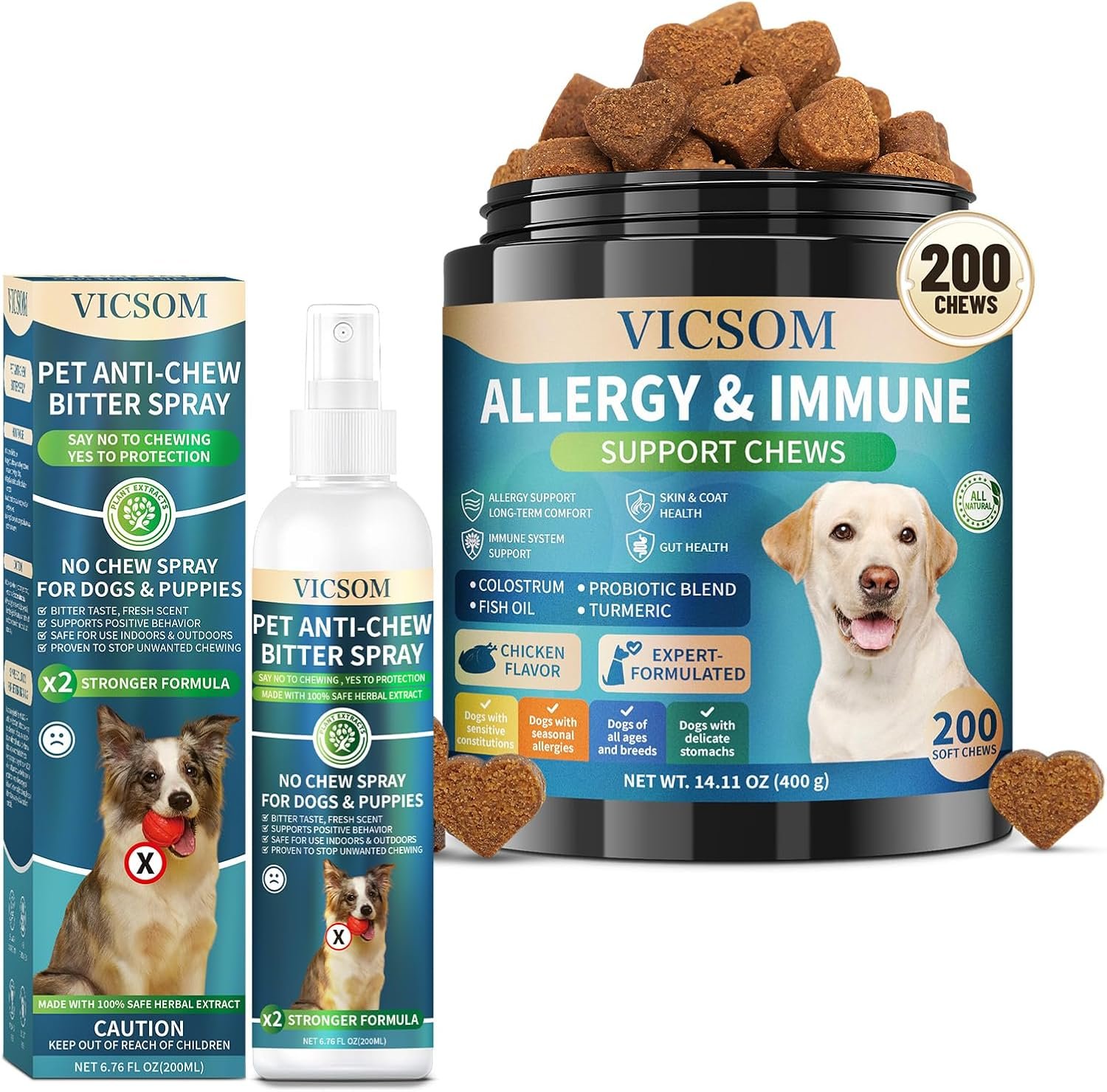 VICSOM No Chew Spray for Dogs & Natural Dog Allergy Relief Chews – Bitter Apple Training Spray for Chewing Prevention + Skin & Itch Relief Chews for Dogs, 6.76 FL Oz + 200 Chews VICSOM No Chew Spray for Dogs & Natural Dog Allergy Relief Chews – Bitter Apple Training Spray for Chewing Prevention + Skin & Itch Relief Chews for Dogs, 6.76 FL Oz + 200 Chews