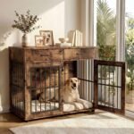 VOWNER 43.3" Large Dog Crate Furniture with 2 Drawers, Brown