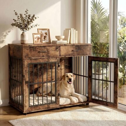 VOWNER 43.3" Large Dog Crate Furniture with 2 Drawers, Brown