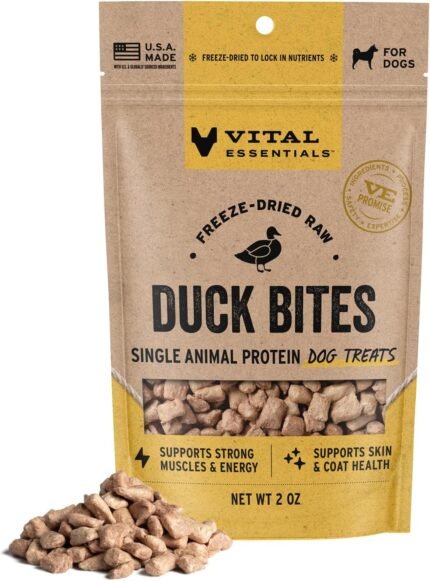 Vital Essentials Freeze Dried Dog Treats, Duck Bites, 2.0 oz Bag