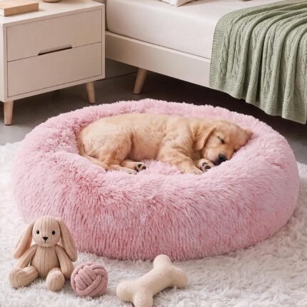 WNPETHOME Small Pink Round Calming Dog Bed Cat Bed for Comfy Sleep