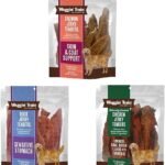 Waggin’ Train Bundle of Salmon Jerky Dog Treats for Skin & Coat Support + Duck Dog Treats for Sensitive Stomachs + Smoked Chicken Jerky Tenders for Dogs, 12oz Pouches
