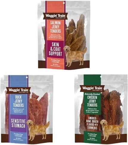 Waggin' Train Bundle of Salmon Jerky Dog Treats for Skin & Coat Support + Duck Dog Treats for Sensitive Stomachs + Smoked Chicken Jerky Tenders for Dogs, 12oz Pouches