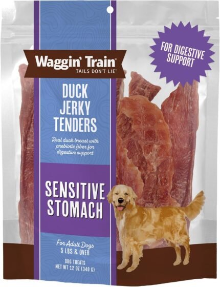Waggin’ Train Duck Jerky Dog Treats for Dogs with Sensitive Stomachs, Made with 100% Real Duck Breasts, Three All-Natural Ingredients, High Protein Dog Treat, Easily Digestible for Dogs, 12 oz. Pouch
