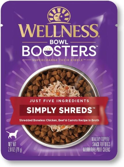 Wellness Bowl Boosters Simply Shreds Wet Dog Food Topper for Small, Medium, and Large Breeds, Grain Free, Natural, Beef and Carrots Recipe, 2.8 oz, Pack of 12 Pouches