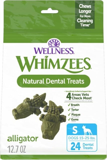 Whimzees Wellness Alligator Natural Dog Dental Treat, Chews, Freshens Breath, Small Size, 12.7 oz Bag, 24 Count