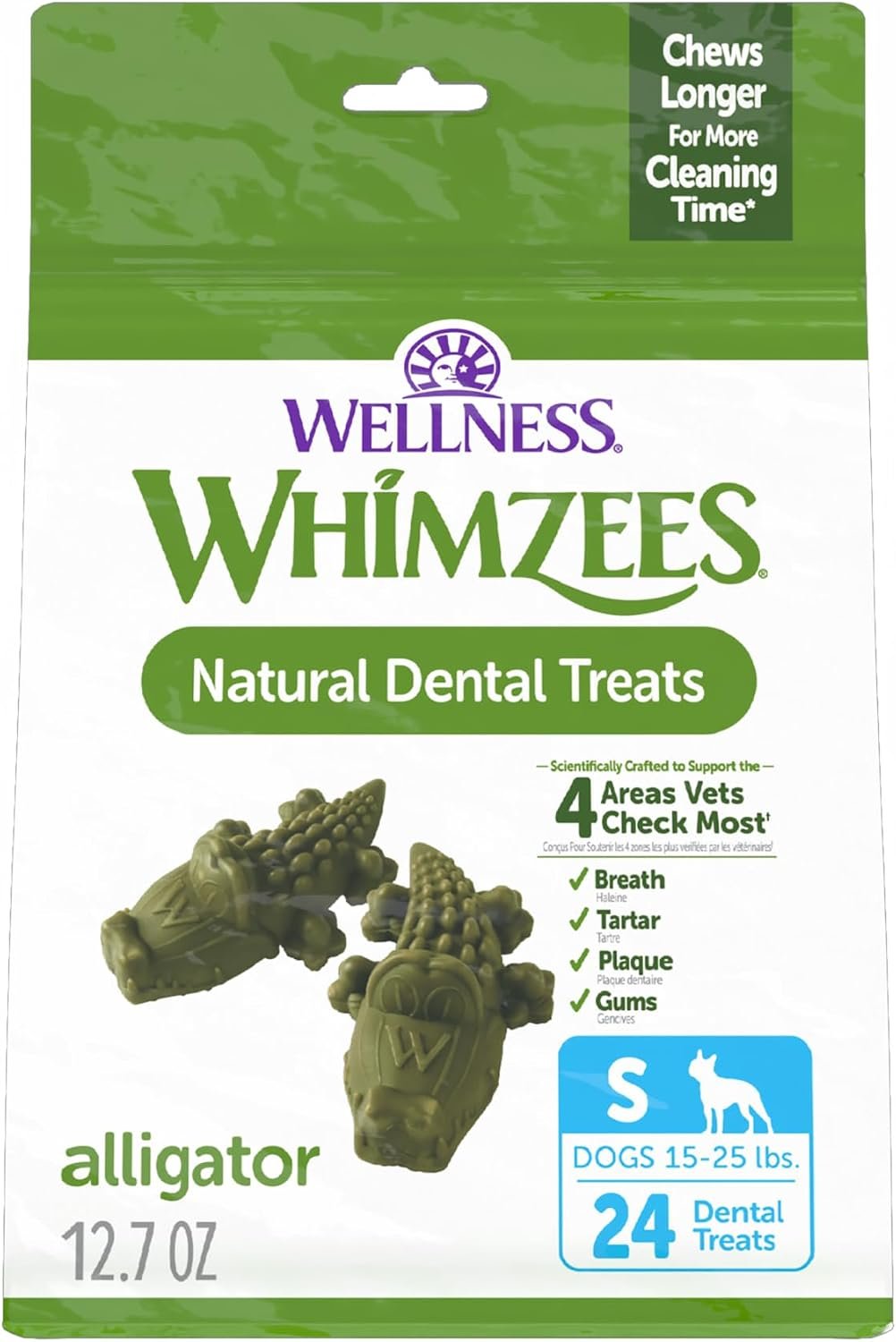 Whimzees Wellness Alligator Natural Dog Dental Treat, Chews, Freshens Breath, Small Size, 12.7 oz Bag, 24 Count Whimzees Wellness Alligator Natural Dog Dental Treat, Chews, Freshens Breath, Small Size, 12.7 oz Bag, 24 Count