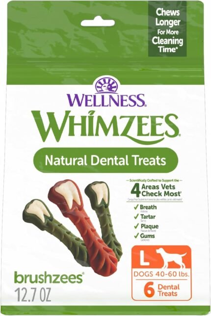 Whimzees Wellness Brushzees Natural Dog Dental Treat, VOHC Accepted Chews, Freshens Breath, Large Size, 12.7 oz Bag, 6 Count
