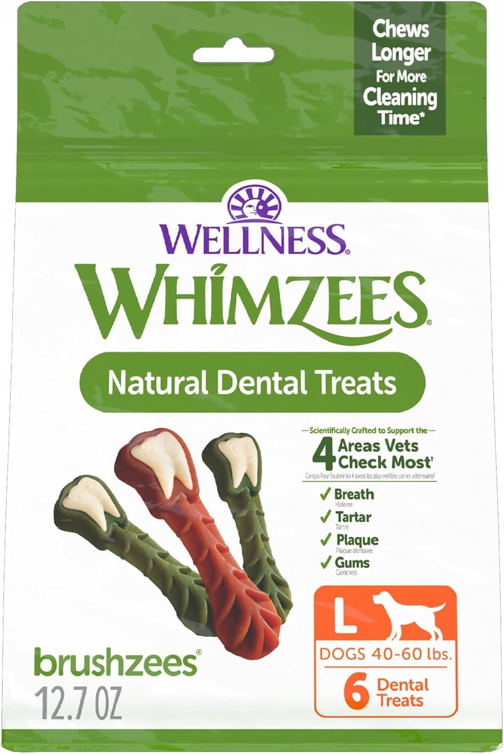 Whimzees Wellness Brushzees Natural Dog Dental Treat, VOHC Accepted Chews, Freshens Breath, Large Size, 12.7 oz Bag, 6 Count Whimzees Wellness Brushzees Natural Dog Dental Treat, VOHC Accepted Chews, Freshens Breath, Large Size, 12.7 oz Bag, 6 Count