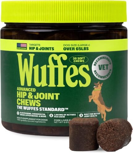 Wuffes Advanced Hip & Joint Chews for Large Breed Dogs, Vet Recommended, Glucosamine, Chondroitin, MSM, Green-Lipped Mussel, Hyaluronic Acid & Omega-3s. Supports Mobility & Flexibility. 30 Pork Chews