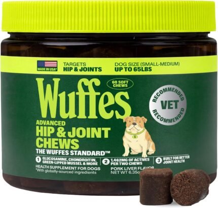 Wuffes Advanced Hip & Joint Chews for Small & Medium Breed Dogs, Vet Recommended, Glucosamine, Chondroitin, MSM, Green-Lipped Mussel & Hyaluronic Acid Supplement, Supports Mobility, 60 Pork Chews