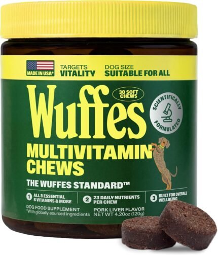 Wuffes Dog Vitamins, 23-in-1 Daily Multivitamin Soft Chews. All 8 B Vitamins, Omega-3, Zinc, Iron & Biotin. Supports Energy, Skin & Coat, Heart & Immune Health. 30 Pork Chews