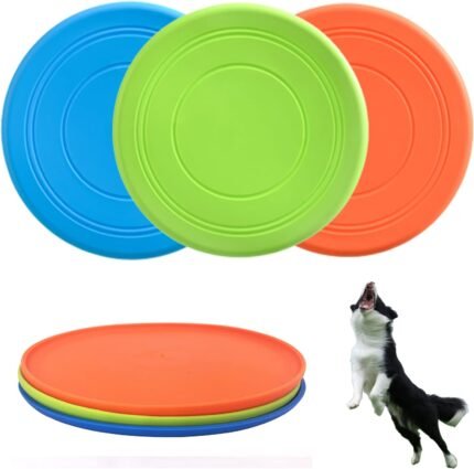 XIGOU Dog Flying Disc, 3 Pack Dog Flyer Toys, Soft Rubber Interactive Lightweight Flying Disc Dog Toy for Small Large Dogs – Floats in Water & Safe on Teeth, 7 inch.