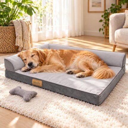 XLarge Orthopedic Dog Bed, Calming Waterproof Memory Foam Dog Sofa Bed for Large Dogs with Removable Washable Cover & Non-Slip Bottom, Warm Plush Pet Bed, Light Grey, 49”x38”
