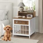 YATINEY Dog Crate Furniture, Wooden Dog Kennel with Storage, Indoor Pet Crate End Table, Two-Tier Small Dogs House, Chew-Proof, for Living Room, Bedroom, White and Walnut DC01WH