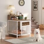 YATINEY Dog Crate Furniture, Wooden Dog Kennel with Storage, Indoor Pet Crate End Table, Two-Tier Small Dogs House, Chew-Proof, for Living Room, Bedroom, White and Walnut DC01WH - Image 2