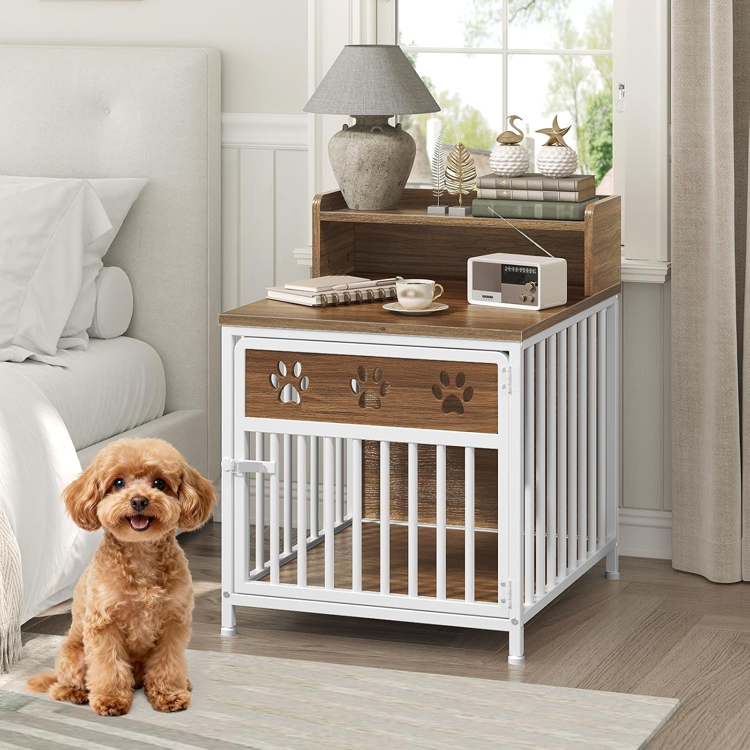 YATINEY Dog Crate Furniture, Wooden Dog Kennel with Storage, Indoor Pet Crate End Table, Two-Tier Small Dogs House, Chew-Proof, for Living Room, Bedroom, White and Walnut DC01WH YATINEY Dog Crate Furniture, Wooden Dog Kennel with Storage, Indoor Pet Crate End Table, Two-Tier Small Dogs House, Chew-Proof, for Living Room, Bedroom, White and Walnut DC01WH