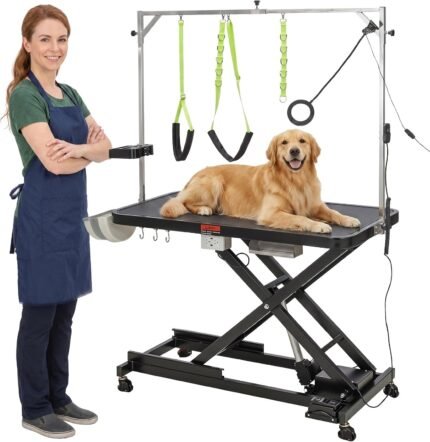 YORKING 50" Professional Electric Dog Grooming Table, Height Adjustable Pet Grooming Table with Hand & Foot Control, Heavy Duty Dog Grooming Station, Anti-Slip Tabletop, Tool Tray & LED Light