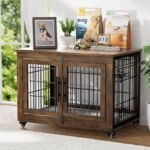 YaFiti Dog Crate Furniture, 32.5” Wooden Indoor Dog Kennel, Rustic Brown