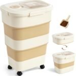 ZOMISIA 40-50lbs Collapsible Dog Food Storage Container with Wheels, Khaki