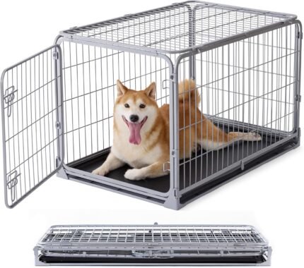 ZOMISIA Collapsible Dog Crate for Medium Dogs – 36 inch Escape Proof Metal Dog Kennel with Double Door, Easy Assembly Foldable Dog Cage with Removable Tray, Indoor Outdoor Use, Silver Gray