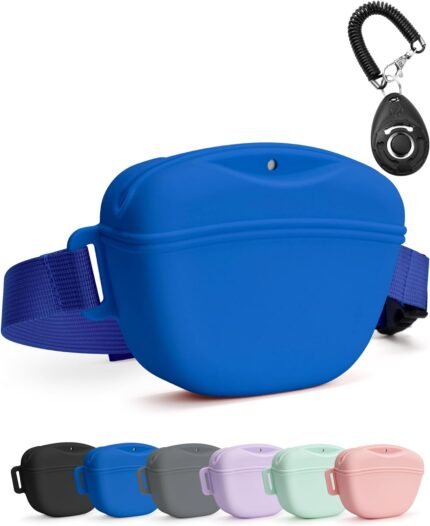 heouvo 1.67 Cup Dog Treat Pouch with Training Clicker (Blue)