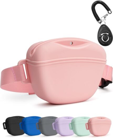 heouvo 1.67 Cup Dog Treat Pouch with Training Clicker (Pink)