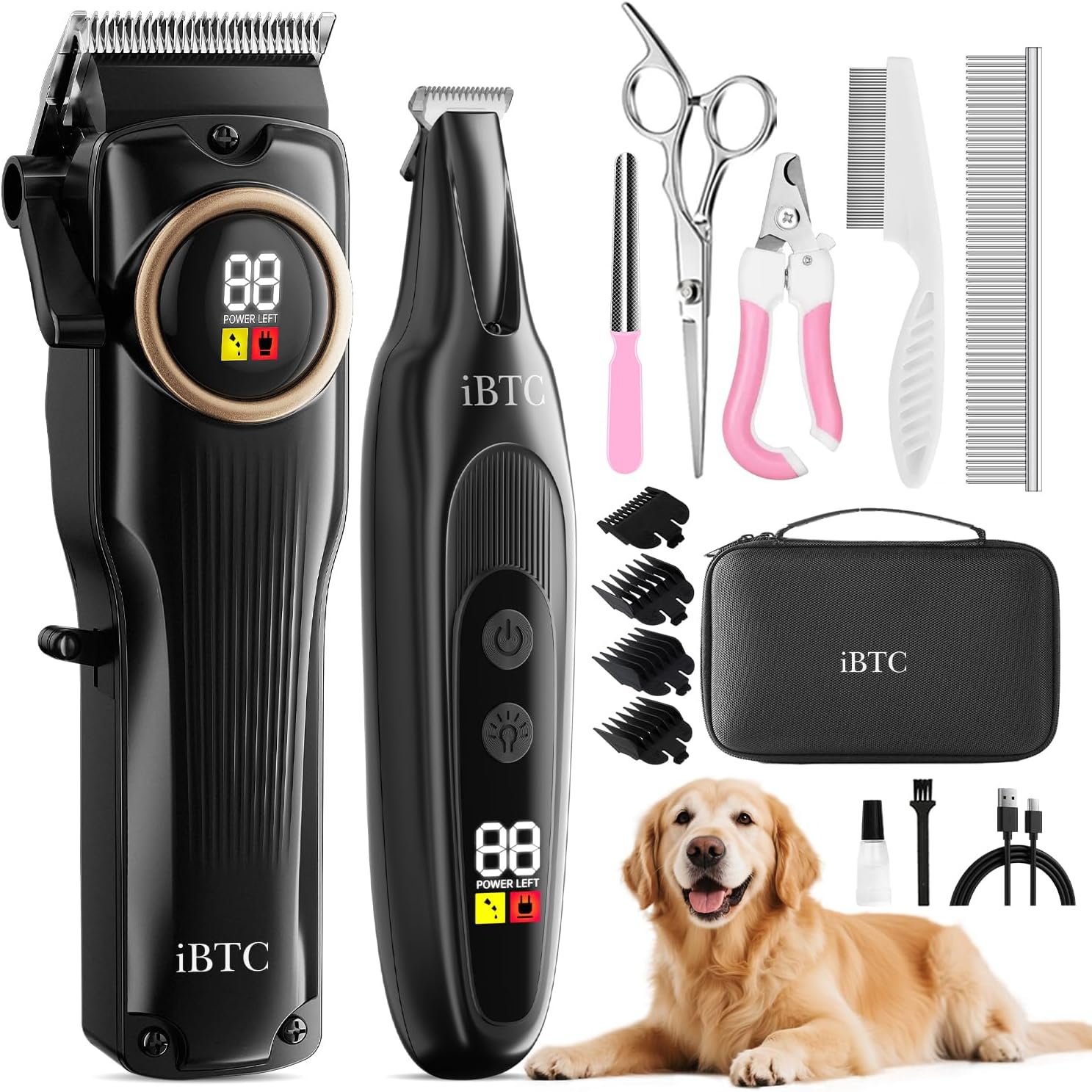 iBTC Professional Dog Grooming Clippers Kit, Low Noise Cordless Rechargeable Pet Hair Trimmer with Paw Trimmer & Nail Grinder, Heavy Duty Grooming Tools for Thick Fur Small Medium Large Dogs Cats iBTC Professional Dog Grooming Clippers Kit, Low Noise Cordless Rechargeable Pet Hair Trimmer with Paw Trimmer & Nail Grinder, Heavy Duty Grooming Tools for Thick Fur Small Medium Large Dogs Cats