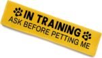 in Training Dog Leash Sleeve - Funny Yellow Alert Wrap with Hanging ID Patch | Ask Before Petting Service Dog Accessory, Perfect Pet Birthday Gift for Dog Owners